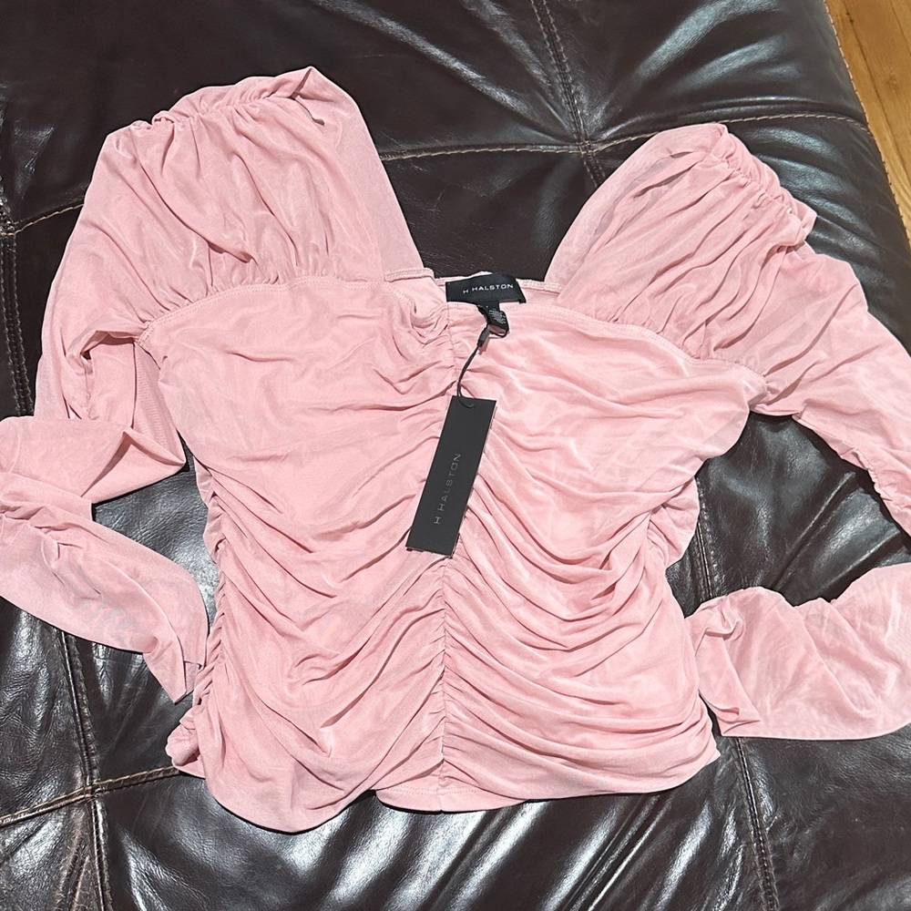 Halston Soft Pink sheer Ruched Blouse very sexy